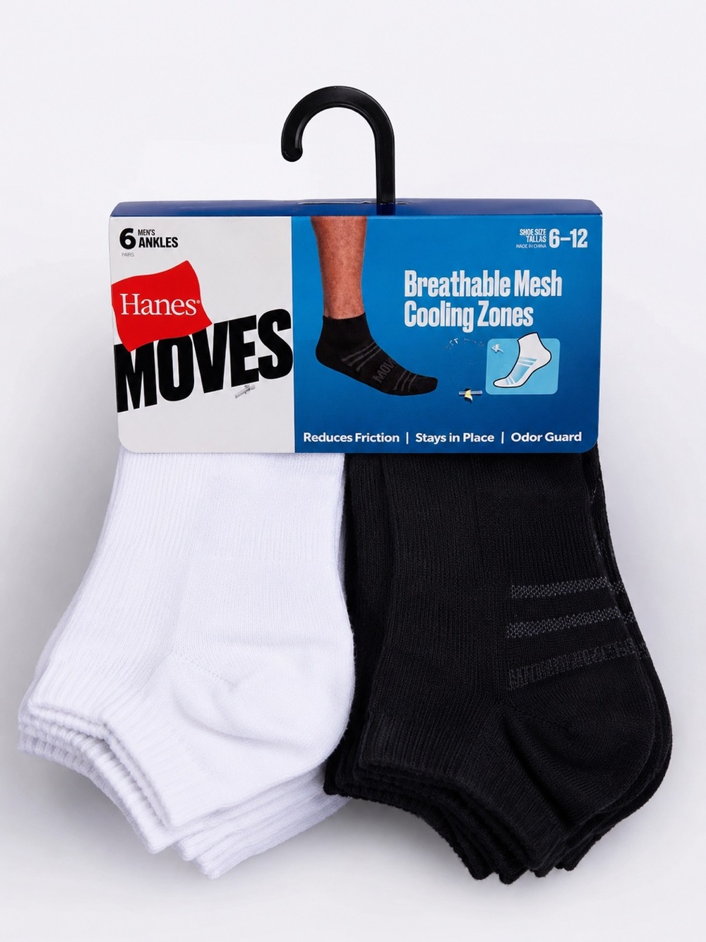 NWT Hanes MOVES 6 Pair Ankle Socks Mens Size 6-12 Cooling Mesh